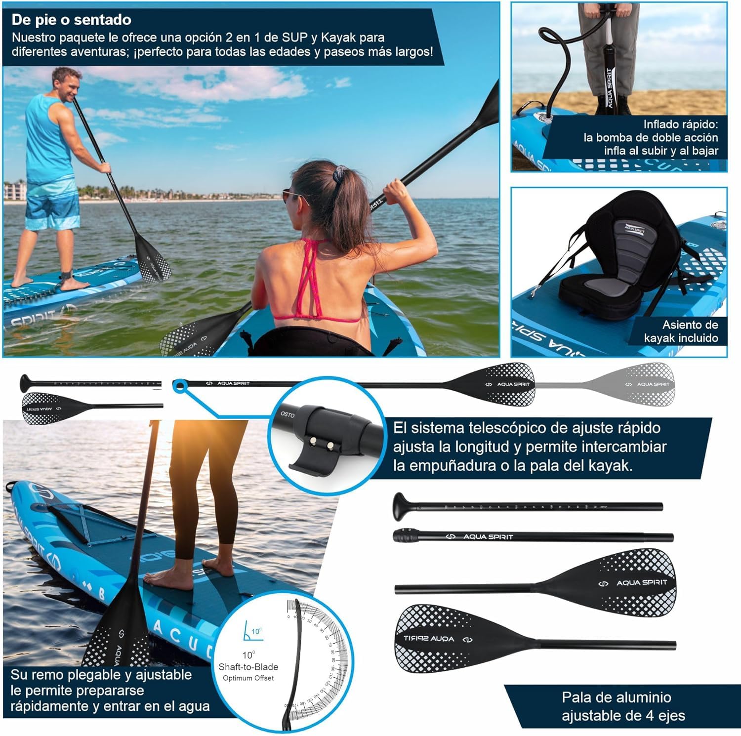 AQUA SPIRIT 320x79x15cm Sup Tabla Hinchable de Paddle Surf Kit de Conversión de Kayak con Pala Ajustable de Aluminio