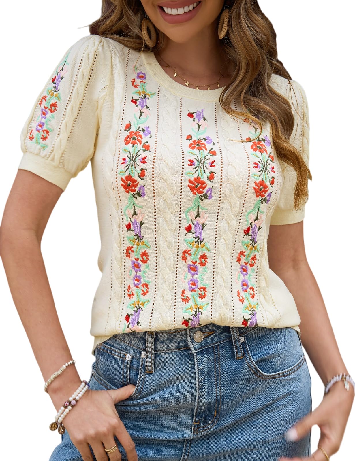 CiCiBird Womens Short Sleeve Sweater Cute Embroidered Pullover Casual Cable Knit Summer Tops