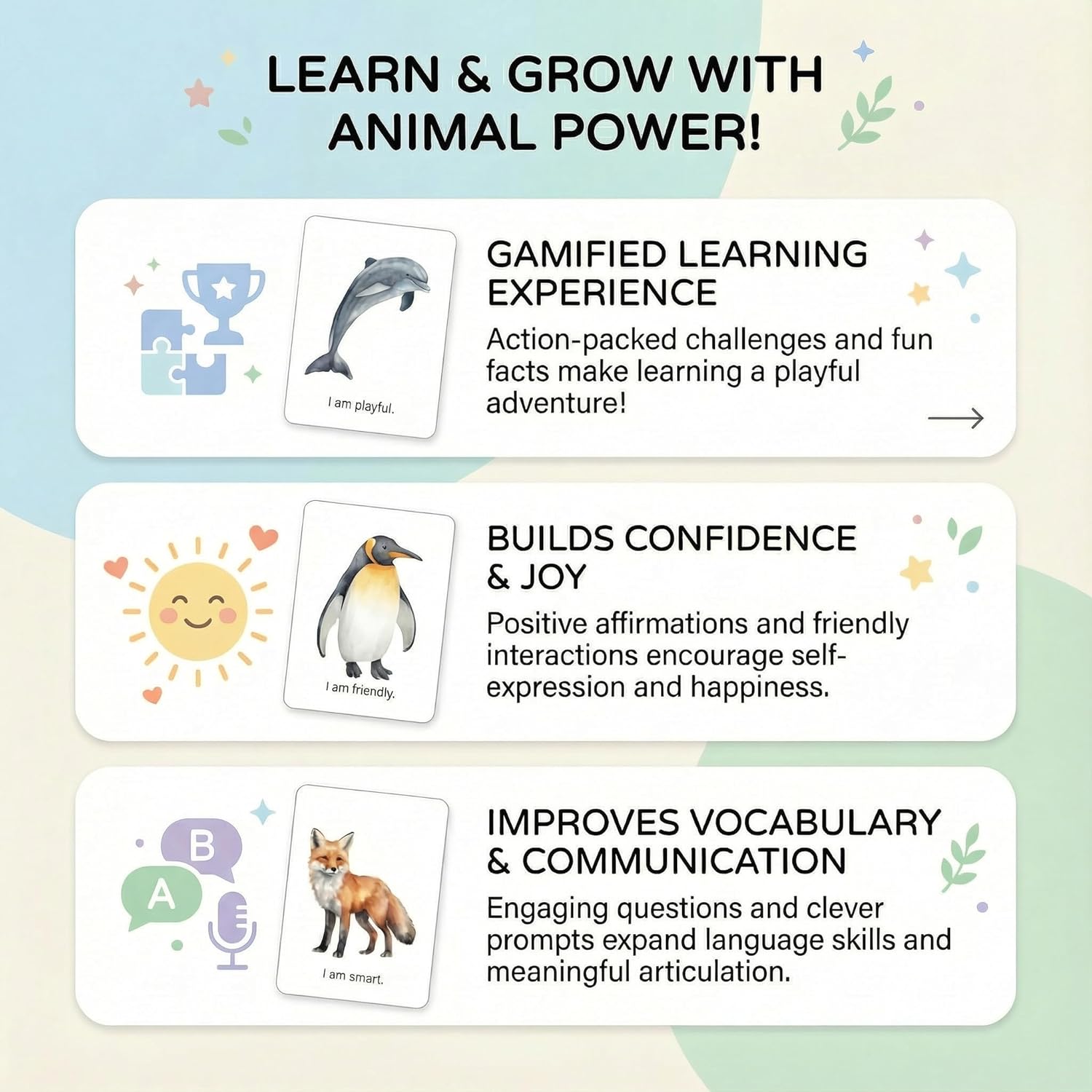 Animal Power an Affirmation Adventure - Affirmation Cards for Kids - Educational Animal Games for Kids 5-8 Year Old - Motivational Cards