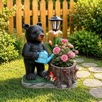 Black Bear Statue Planter with Solar-Powered Lantern & Watering Can, Resin Bear Sculpture with Flower Pot, Indoor/Outdoor Figurine Decor for Garden, Balcony, Patio, Yard Art