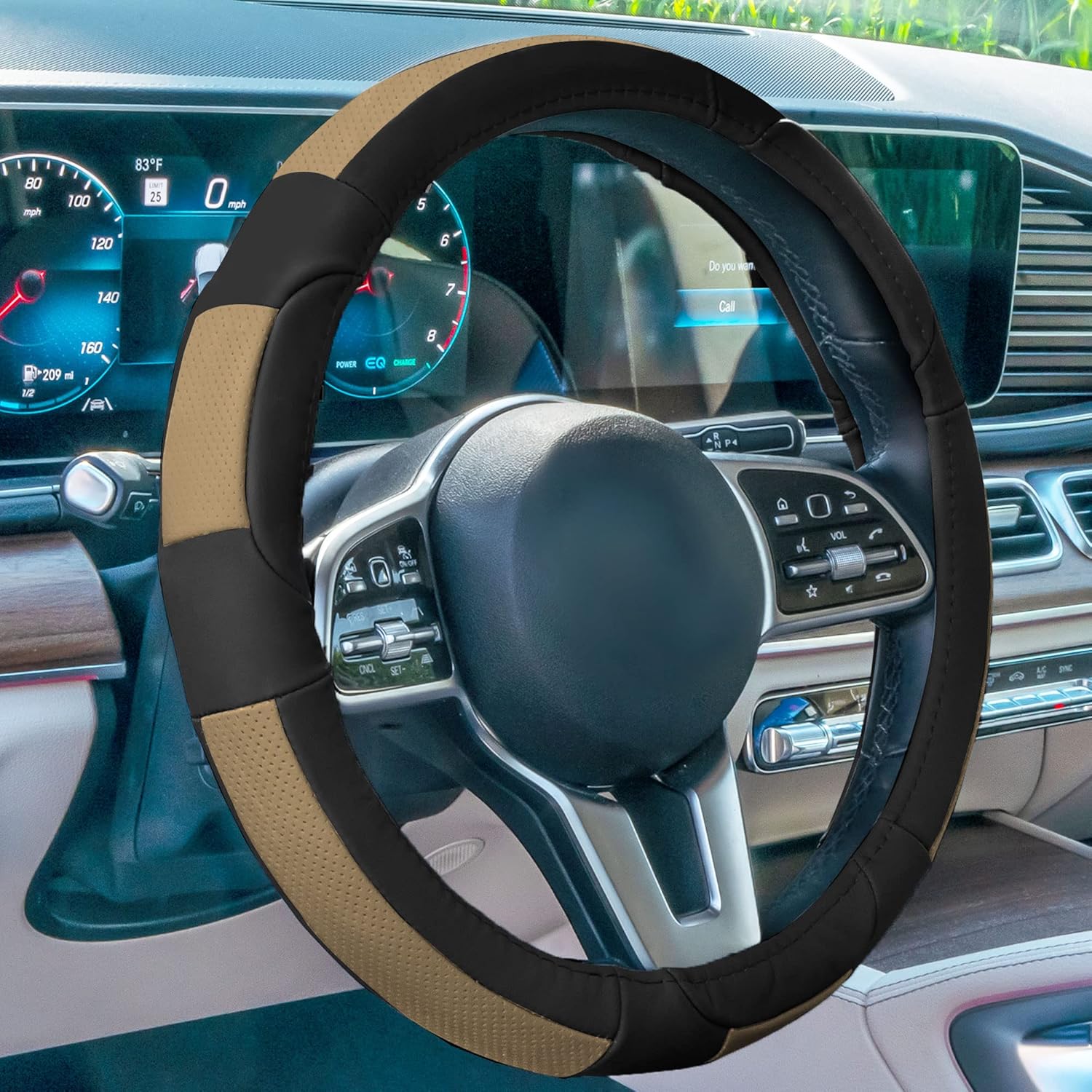 FH Group Universal Fit Deluxe Full Grain Authentic Leather Solid Beige Steering Wheel Cover Fits Most Cars, SUVs