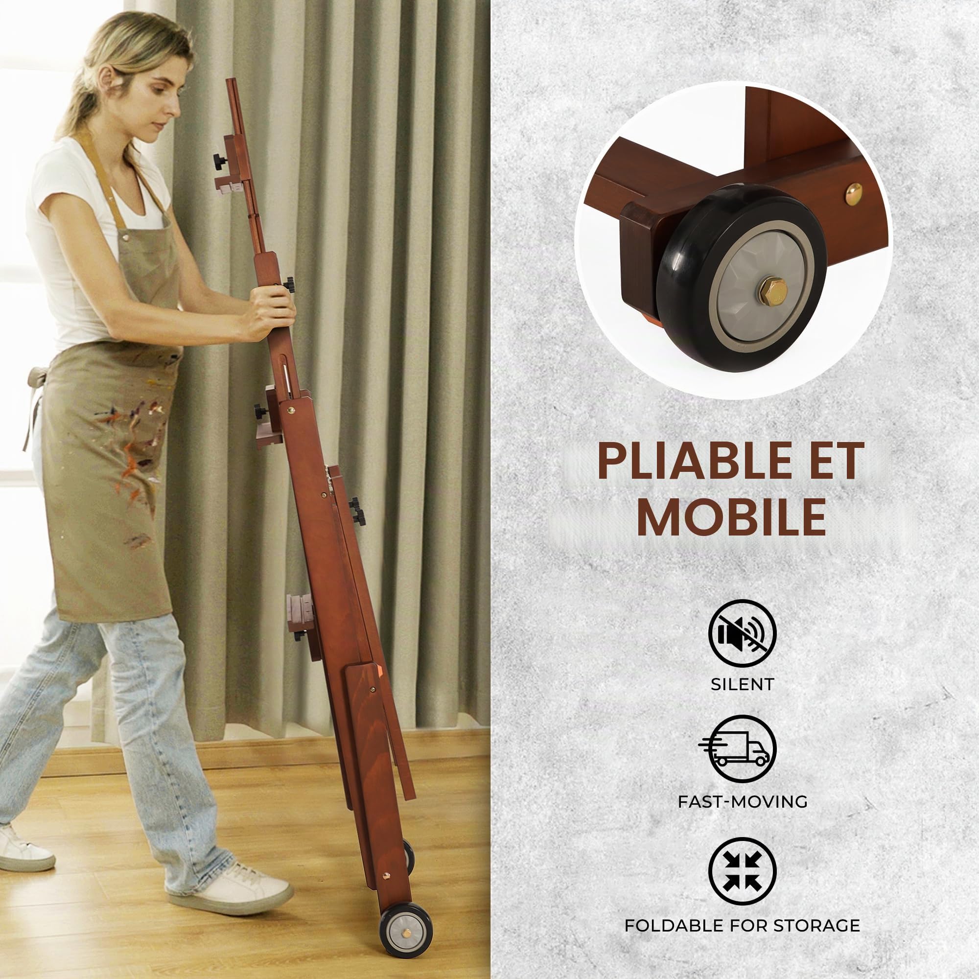 VISWIN Chevalet portable pliable à cadre en H de hauteur maximale 95", chevalet de sol mobile avec 2 roulettes silencieuses, chevalet de peinture d'artiste en bois de hêtre massif