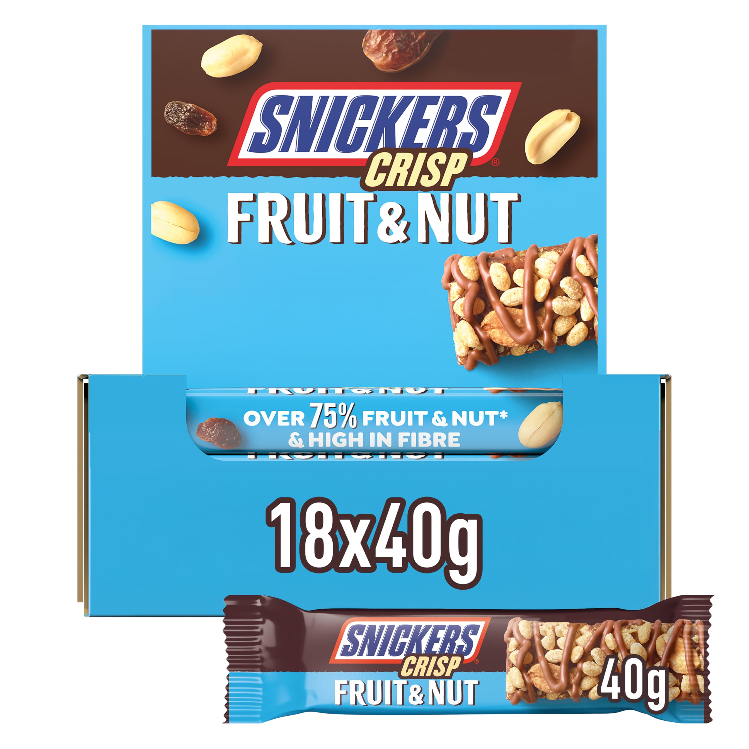 Snickers Crisp Fruit & Nut Milk Chocolate Snack Bars 18 x 40g, Bulk Chocolate Box, Ideal for Gift, Snacks or Hamper