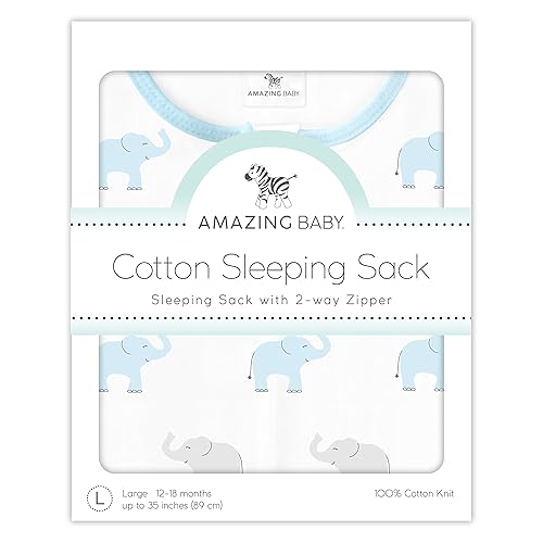 Miniatura 5 de Amazing Baby Saco de dormir de algodón, manta portátil con cremallera de 2 vías, azul pastel + elefantes pequeños grises, pequeño (0-6 meses)