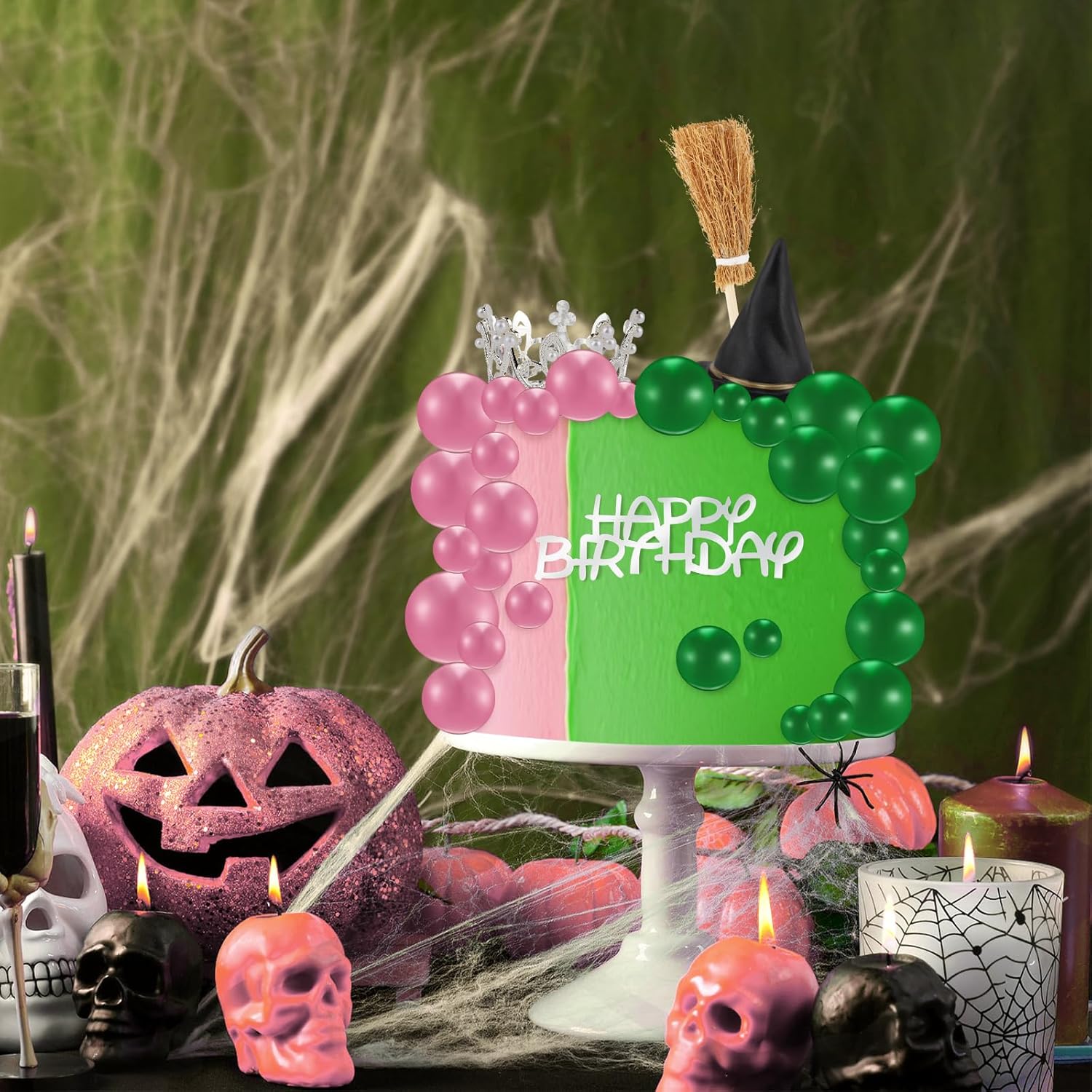 44 Pieces Pink and Green Cake Decorations with Mini Black Witch Hat, Silver Crown, Broom, Balloons, Happy Birthday Cake Topper for Girls Women Princess Witch Birthday Party Decorations Supplies