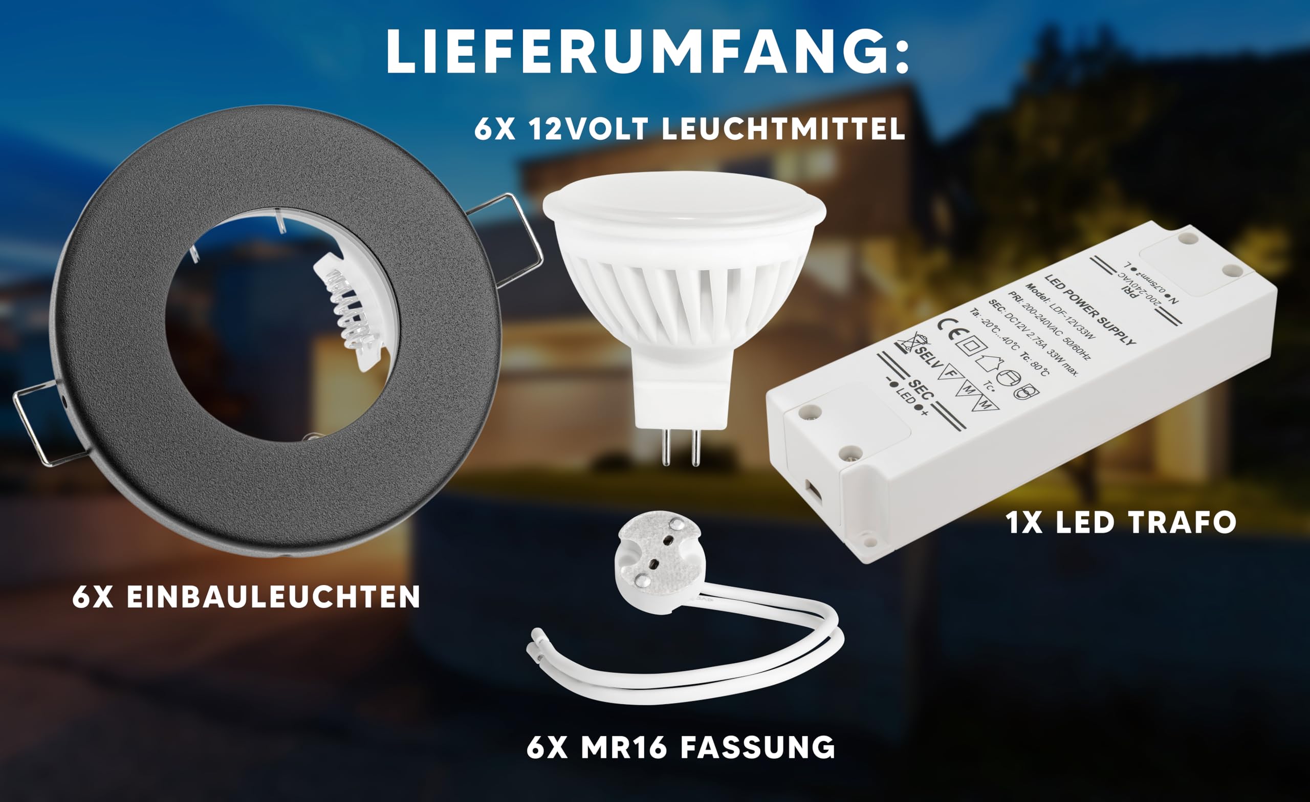 Einbaustrahler 6er Set Aqua IP54 Schwarz Matt 83mm Außen, 55mm Deckenausschnitt mit MR16 12Volt LED Leuchtmittel 6Watt und Trafo - Einbauspot, Deckenspot (Tageslichtweiß 6000K)