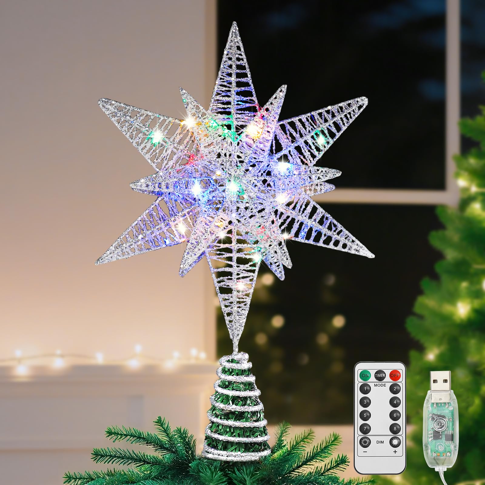 Lewondr Christmas Star Tree Topper, USB Powered Remote Controlled 11 Inch Multilayer Hexagonal Tree Topper Christmas Decor with 8 Light Modes for Home Holiday Xmas,Timer Function,Colorful,Silver White