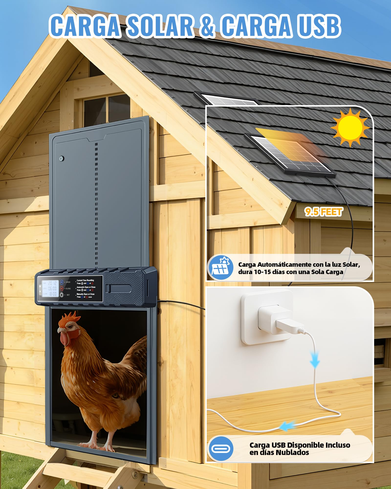 Puerta Gallinero Automatica XL Panel Solar 3W Aluminio Gris Antipinzamiento