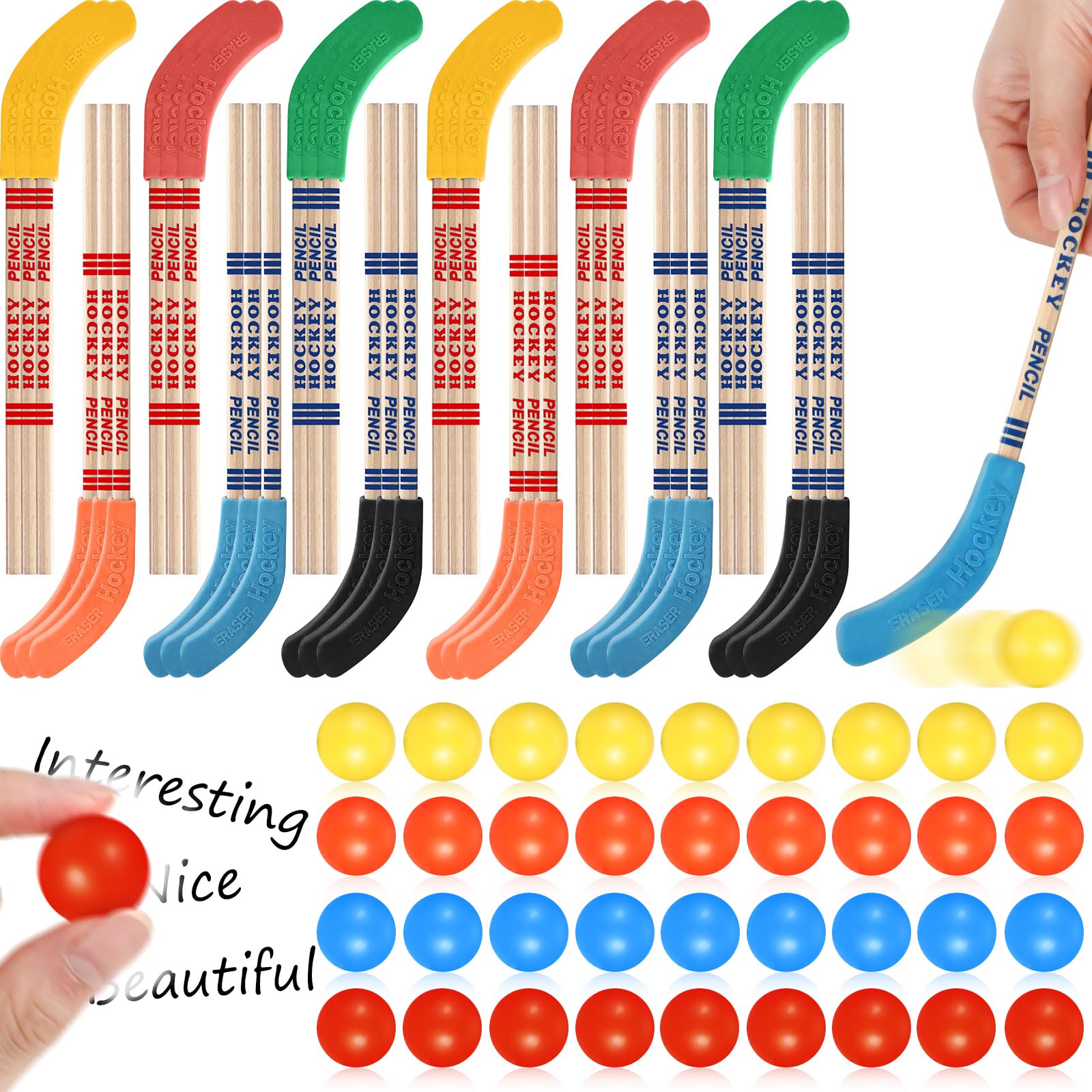 Harloon 72 Pcs Hockey Party Favors Hockey Stick Pencils and Balls Erasers