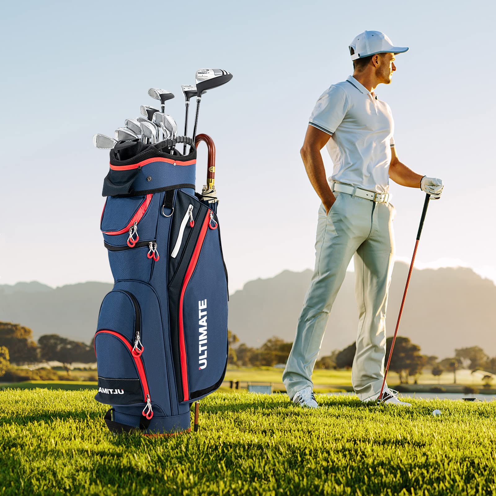 COSTWAY Bolsa de Golf para Carro, Ligera,14 Divisores, 8 Bolsillos, Capucha para la Lluvia, Correa para el Hombro, Bolsa Térmica para Bebidas, Ideal Hombres y Mujeres (Azul)