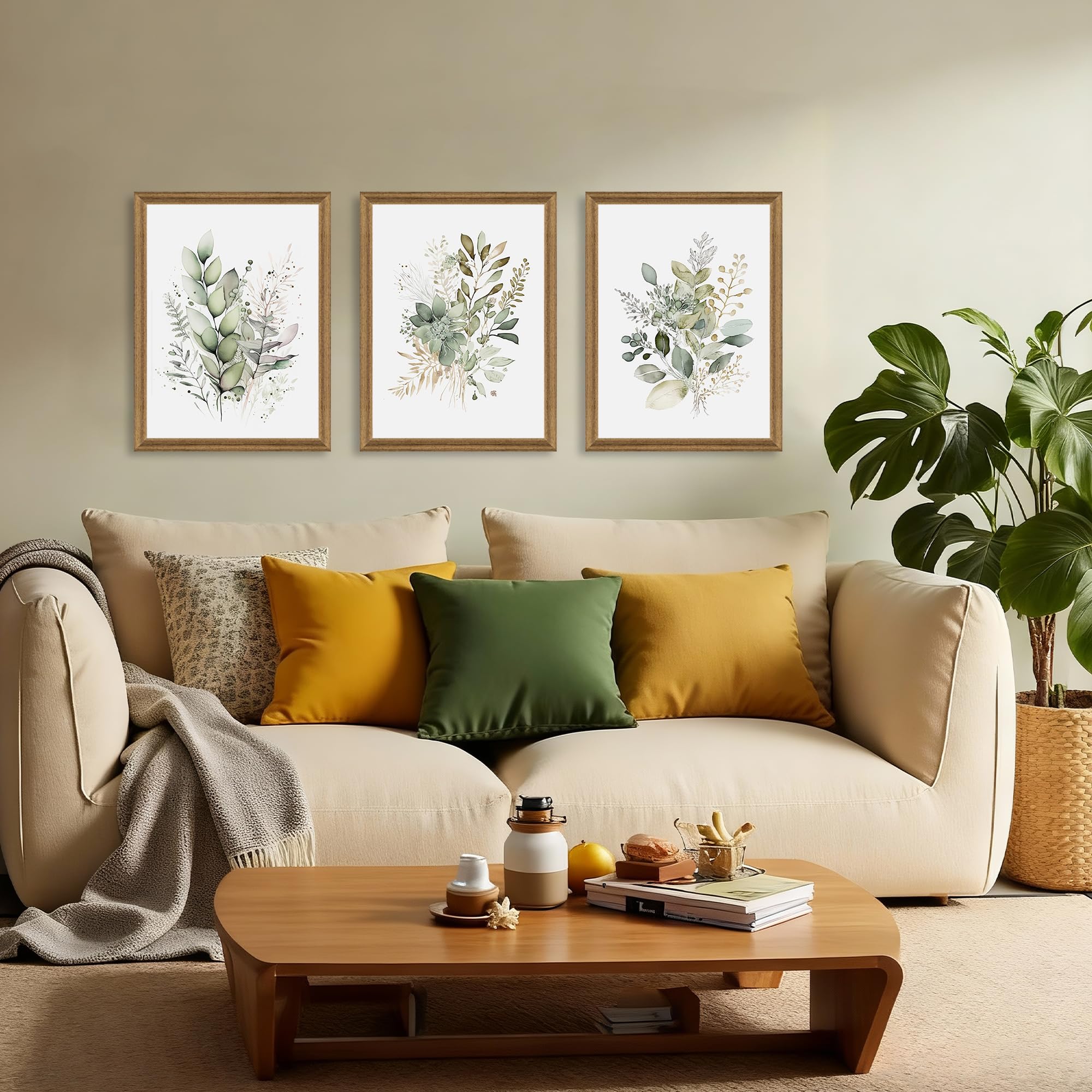 Best Framed Canvas Wall Art in 2026 1 WRFON Framed Sage Green Botanical Wall Art Set of 3, Watercolor Eucalyptus & Wil — product photo