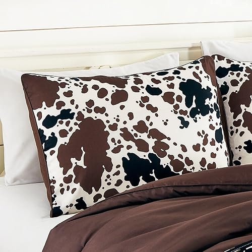 Miniatura 4 de Juego de ropa de cama con estampado de vaca, tamaño Queen, diseño de vaquero con temática occidental, estampado de vaca lechera, marrón, negro,