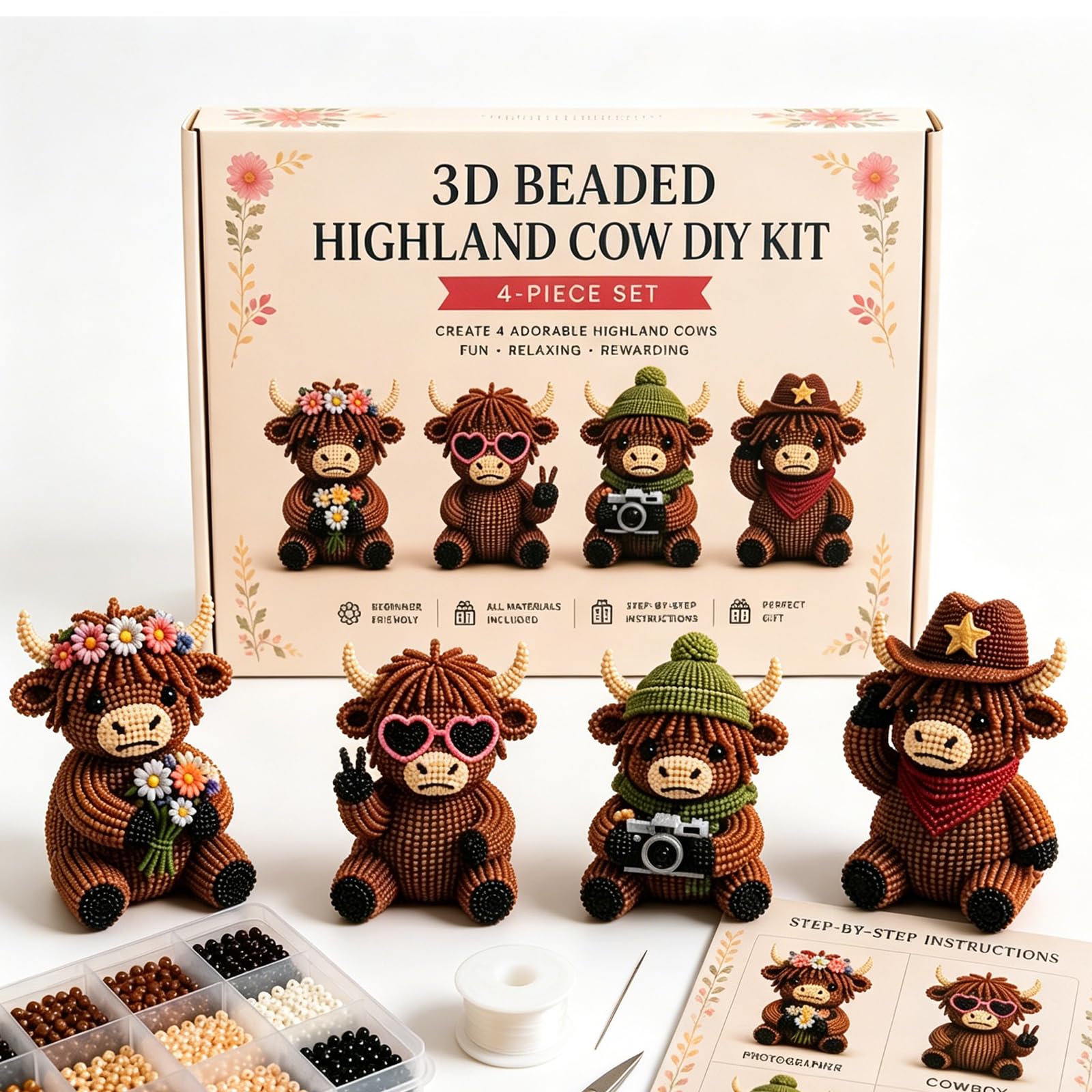 3D Highland Cow DIY Bead Kit, 3D Beaded Animal DIY Kit with 4 Cute Highland Cow Designs, Beginner Friendly Animal Beading Kit, Tiny Beaded Animal Craft Kit for Adults & Craft Lovers (#A)