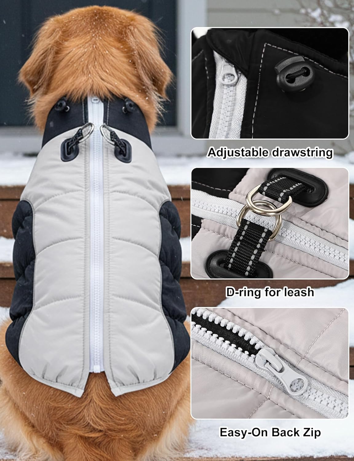 auruza dog coat, warm dog winter coat waterproof small dogs jacket with harness built reflective pet vest with zipper for medium dogs windproof pet fleece puffer vest snow jacket for cold weather black. xx-large
