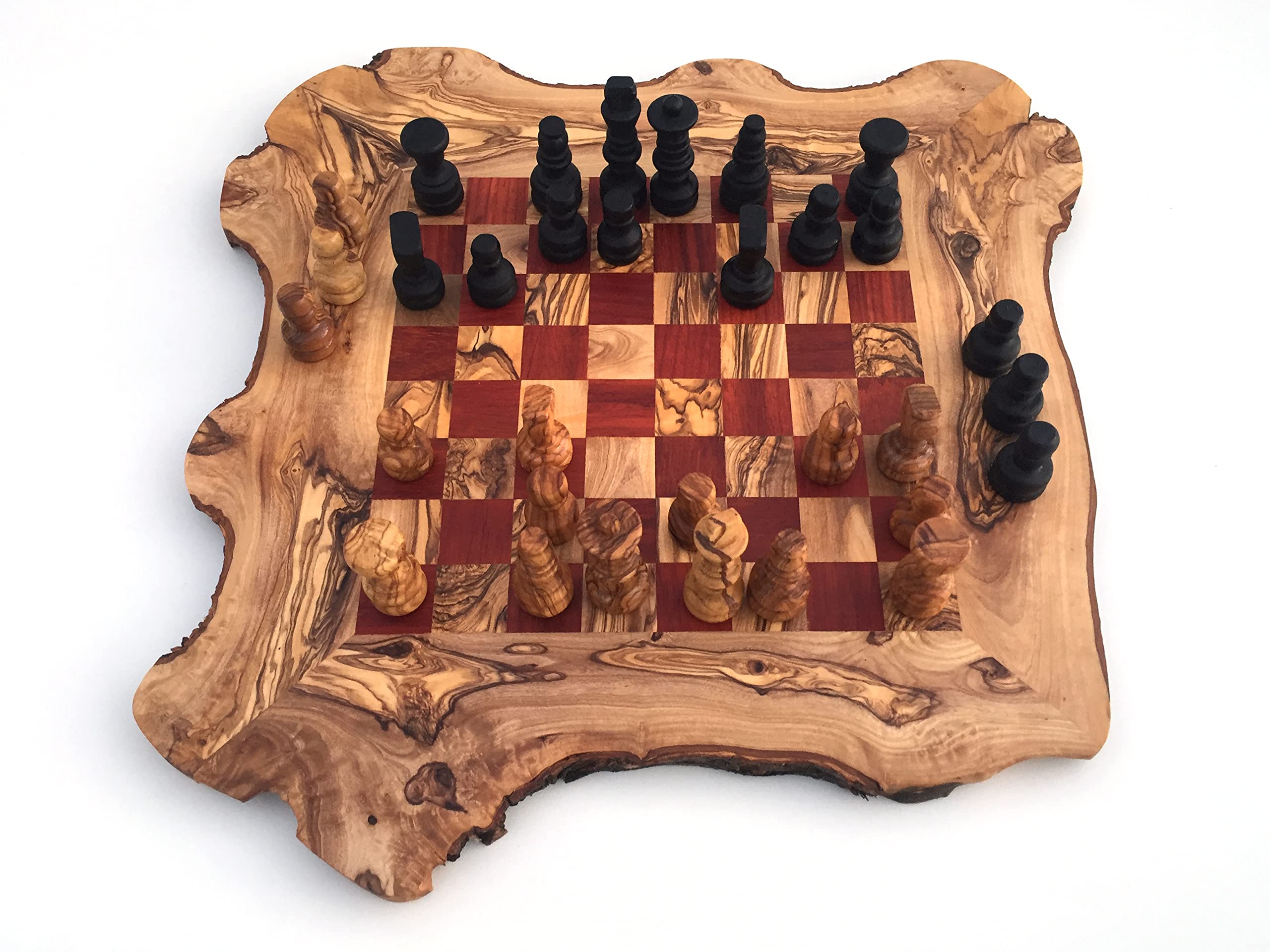 Schachspiel rustikal Schachbrett Gr. L inkl. 32er Schachfiguren handgefertigt aus Olivenholz Schach Geschenk Hochwertig