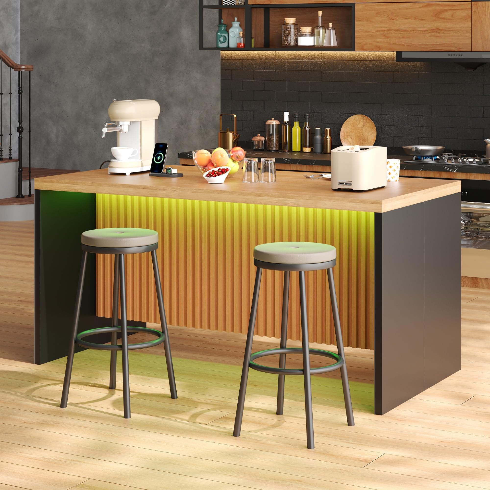 Merax Isola da cucina autoportante con piano di lavoro effetto legno da 40 mm, isola da cucina con LED, presa 2 prese, 2 USB, moderno tavolo da bar per cucina, sala da pranzo, 155 x 80 x 90 cm, nero +