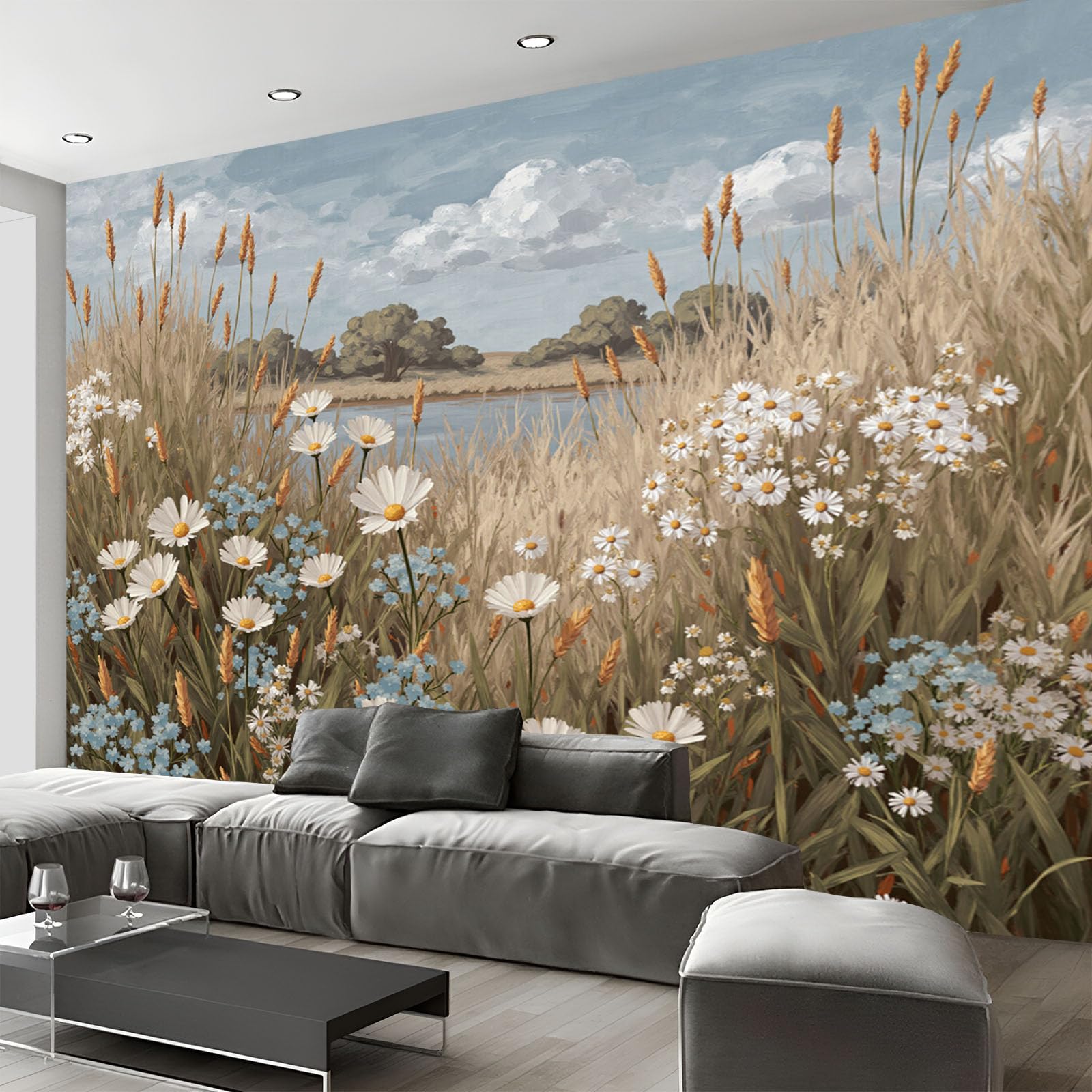 Papier peint panoramique herbe vintage marron 300x210cm salon