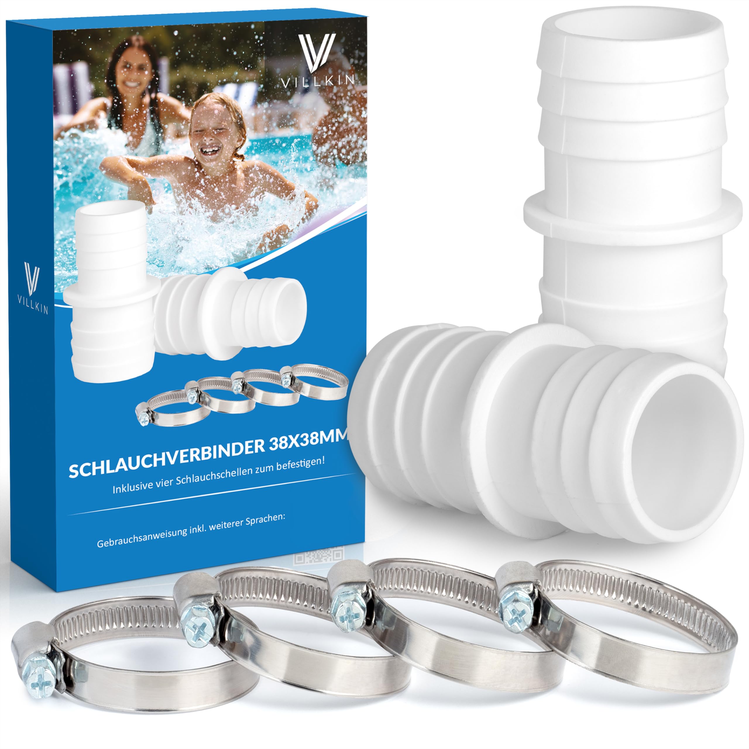 Villkin 2 conectores de manguera con 4 abrazaderas para la piscina – Boquilla de manguera en paquete de 2 unidades (38 mm x 38 mm, blanco).