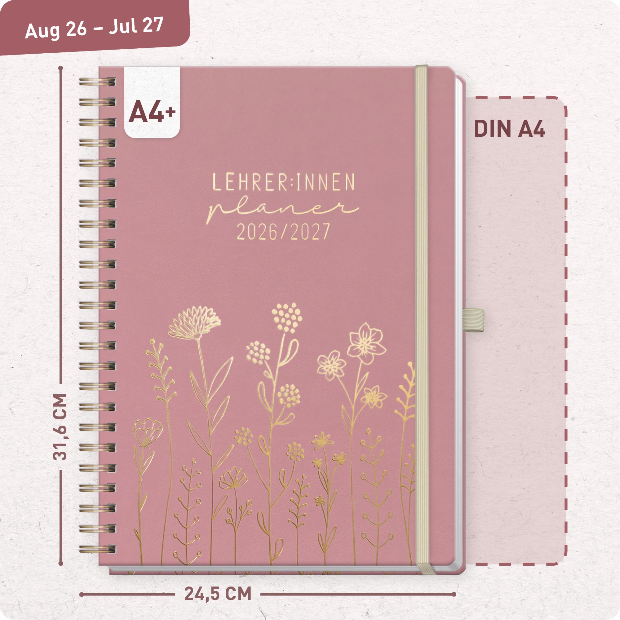 Häfft® Lehrerplaner 2026/2027 A4+ Deluxe - Großer Lehrerkalender & Schulplaner 26/27 mit Kunstleder-Einband & Spiralbindung "Fine Flowers" für Grundschule, weiterführende Schulen & Referendariat