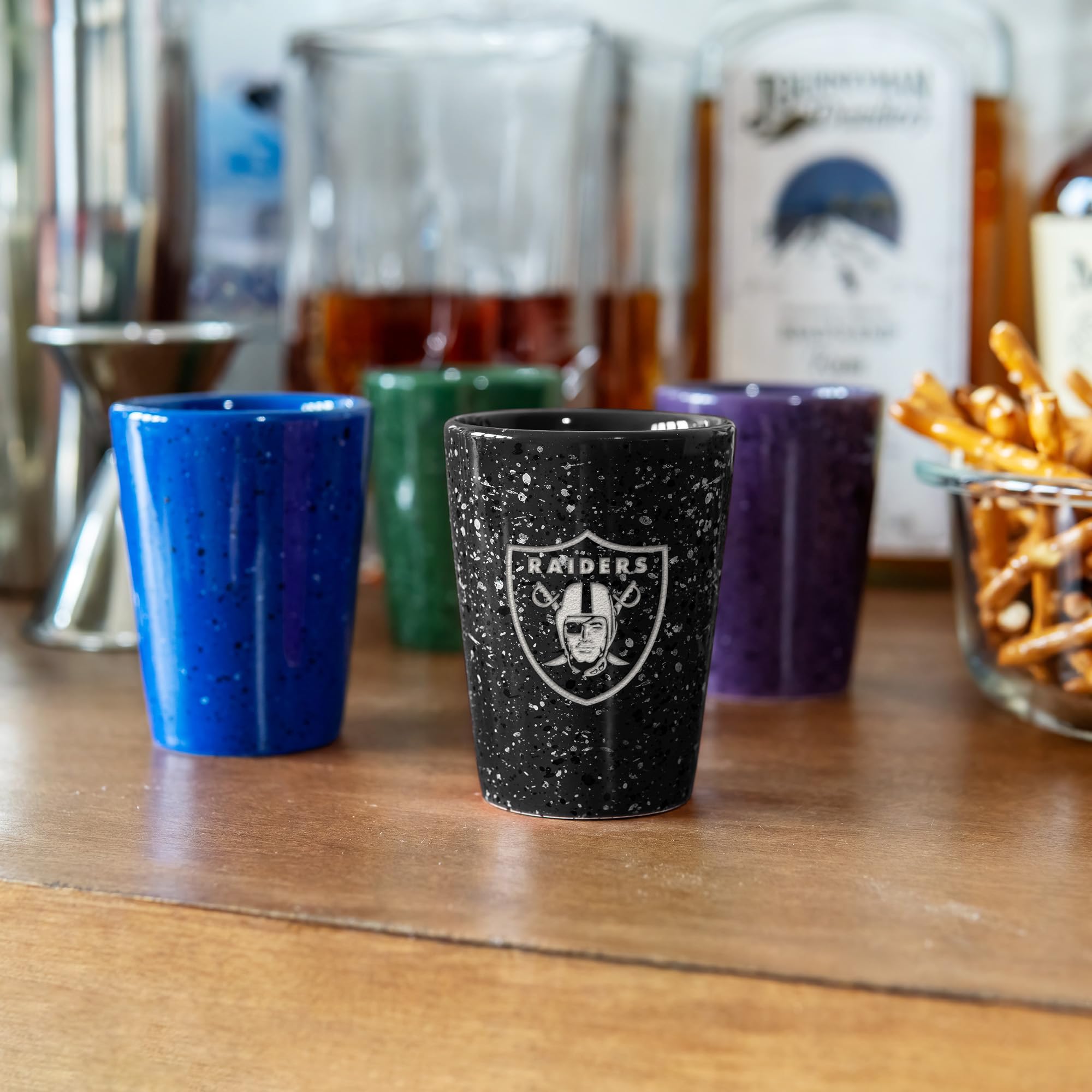 Rico Industries NFL Football Primary OR Wordmark Logo 2oz Ceramic Shot Glass for Fans, Laser Engraved In Team Color Single Shot Glass