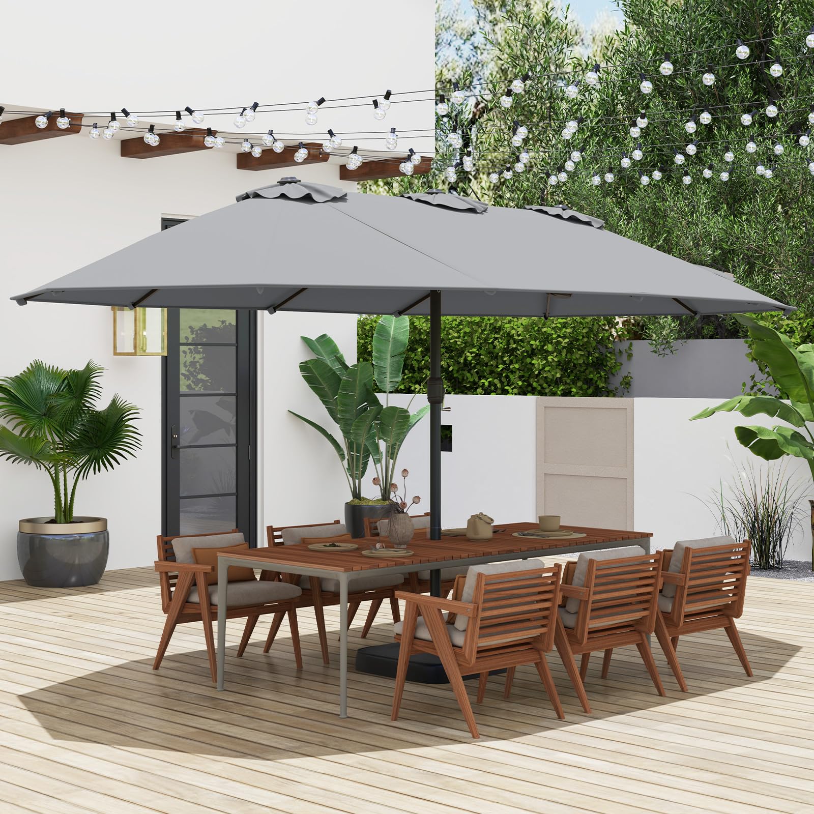 COSTWAY Parasol de Jardin Extérieur XXL avec Pied, Double 4,5 m, 12 Baleines en Métal, 2 Sacs de Sable, Manivelle, Grand Parasol pour 6 Personnes, pour Terrasse, Jardin, Piscine (Gris)