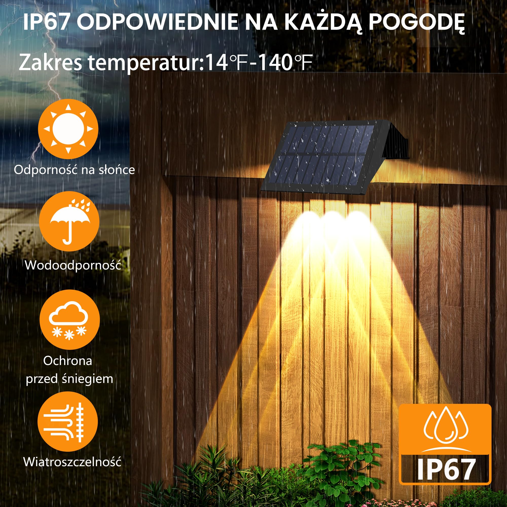 lampy solarne do użytku na zewnątrz, na ścianę, lampa zewnętrzna oświetlona od góry i dołu, 6 diod LED, IP67 wodoszczelna iluminacja ogrodowa na płot, do ogrodu, balkonu, tarasu, lampy