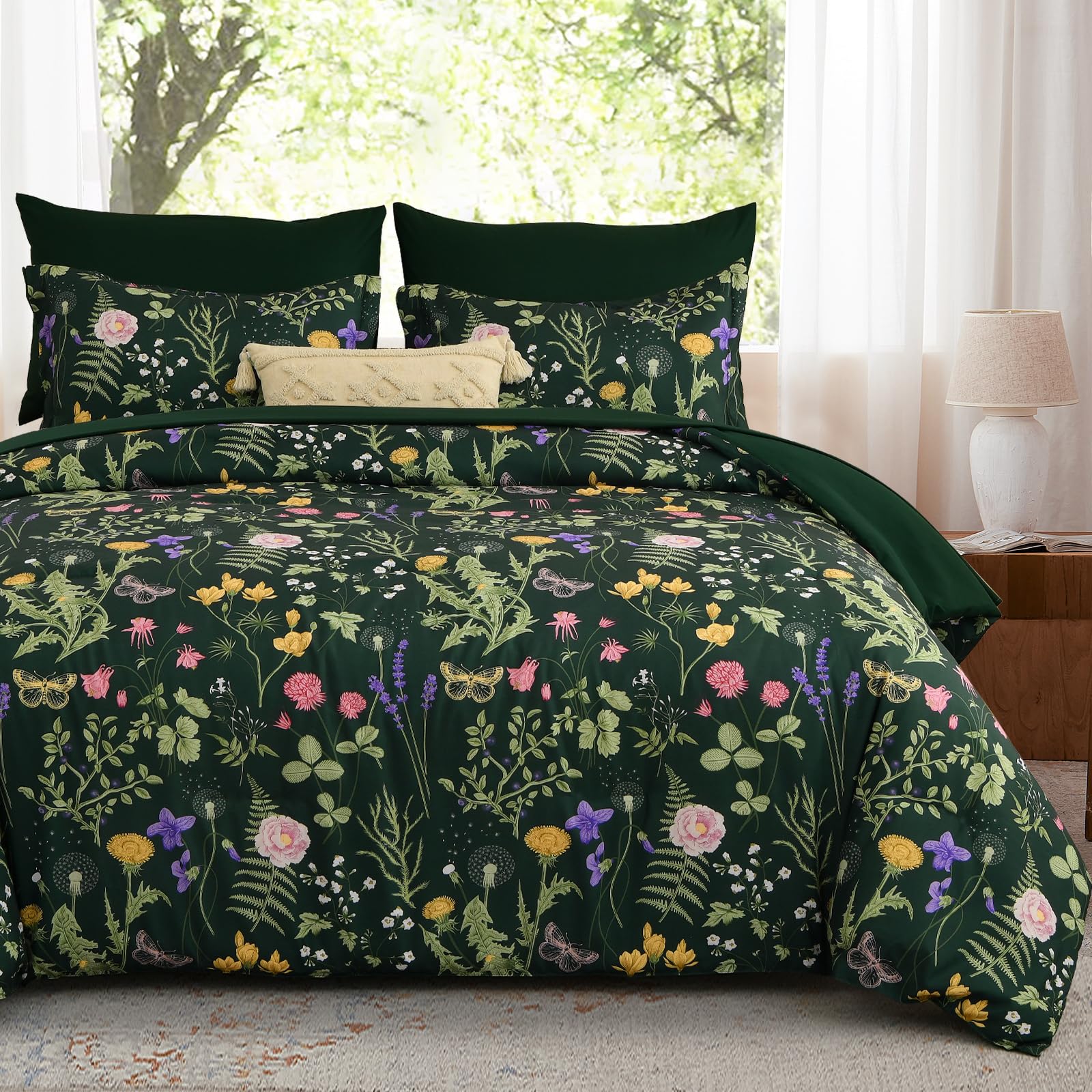 WONGS BEDDING King Size Duvet Cover Set 3 Piece, Dark Green Floral Bedding Set, Quilt Cover with Botanical Flowers Patterns, Soft Brushed Microfiber Bedding Cover with 2 Pillowcases, 230x220 cm — image 1