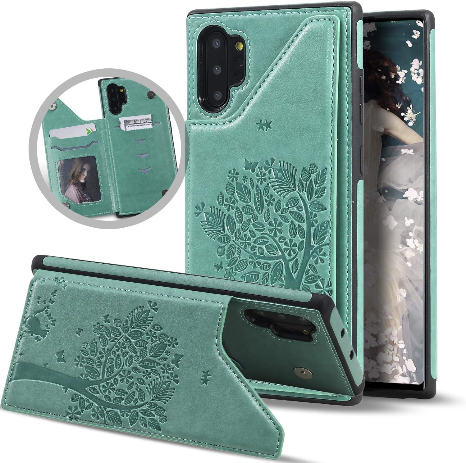 Vodico Samsung Galaxy Note 10 Plus Case Wallet, Note 10+ 5G Phone Case with Card Holder,Slim Leather Vintage Embossed Butterfly Flowers Flip Folio Magnetic Closure Stand Cover for Women (Mint)