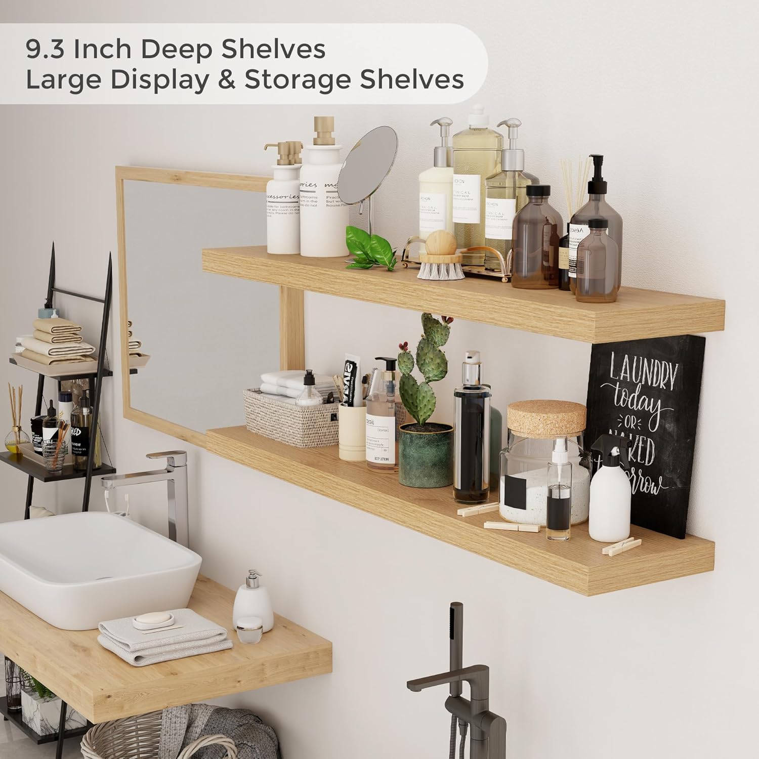 Floating Shelves for Wall, 120cm Oak Floating Shelves 2 Packs, 23.5cm Deep Wall Mounted Floating Shelf, Extra long Storage Wall Shelf for Living Room, , Bathroom, Kitchen, Office, Floating TV Stand