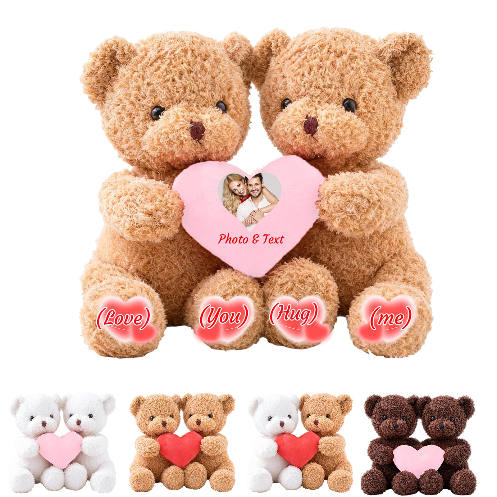 MeterBear Custom Teddy Bear with Heart, Personalised I Love You Hugging Bears Valentines Teddy Bear with Text Photo as Personalised Valentine Gifts for Men Women 2Pcs, 10inch