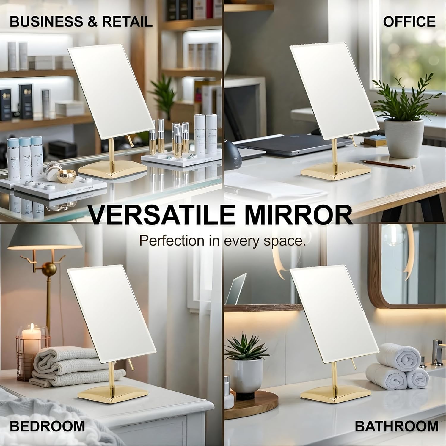 MIRRORVANA Large Free Standing Mirror - Frameless, Gold-Plated, Beveled Design for Desk, Retail Counter, Bathroom and Vanity Dressing Table (9.8" x 7")