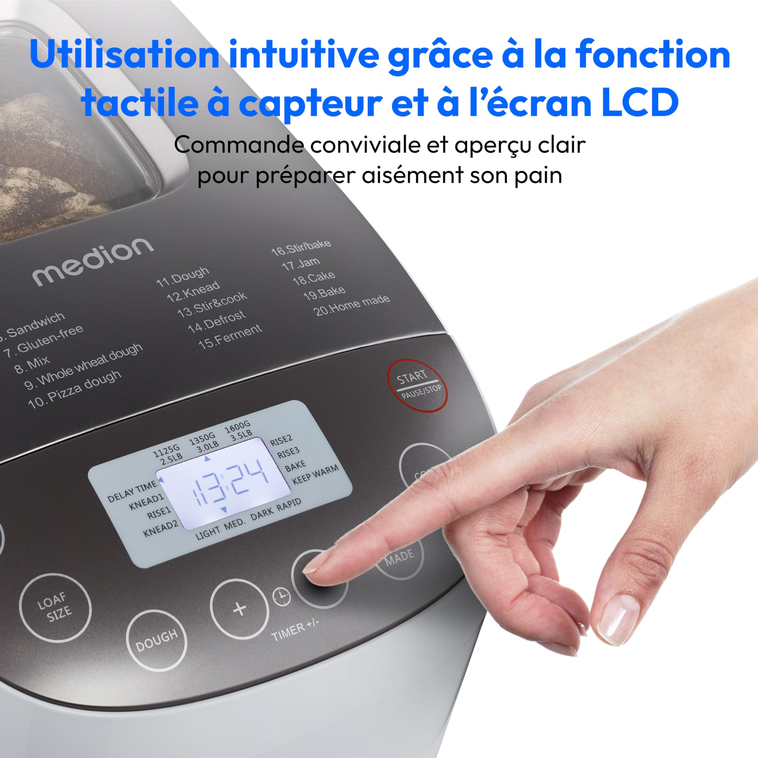 MEDION Machine à pain (machine à pain, 950 watts, jusqu'à 1600 g, 20 programmes de cuisson, 3 degrés de brunissage, fonction maintien au chaud, fenêtre, présélection du temps, MD 12040)
