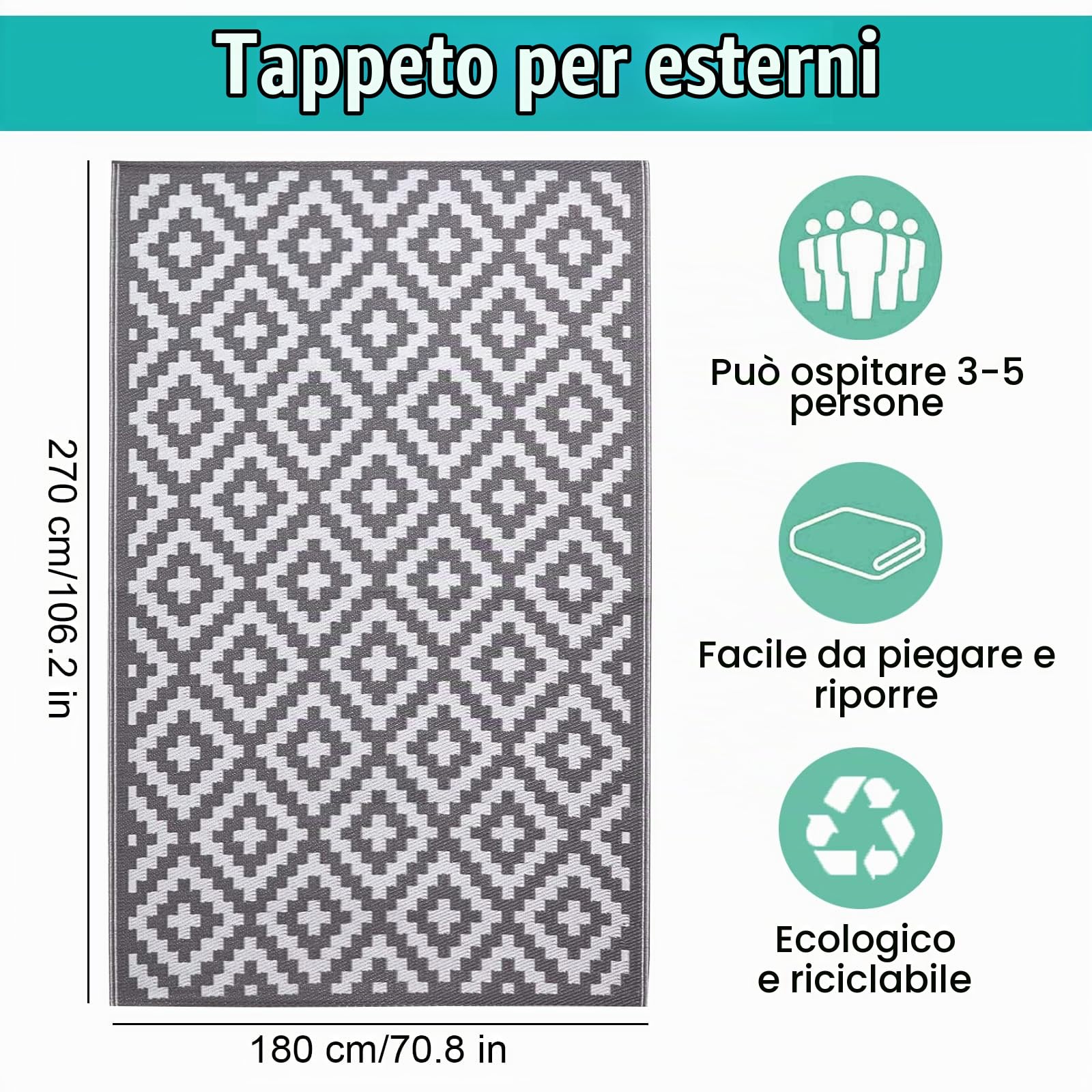 Tappeto per esterni reversibile, in plastica riciclata, in polipropilene ecologico, pieghevole, portatile, impermeabile, per picnic, balcone, terrazza, 180x270 cm, grigio e bianco