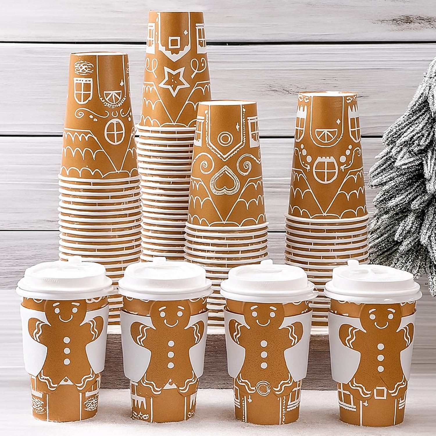 300 Pcs Christmas Disposable Coffee Cups with Lids and Sleeves 12 oz Christmas Paper Drinking Hot Cocoa Chocolate Cups for Xmas Holiday Daily Holiday (Brief Style)