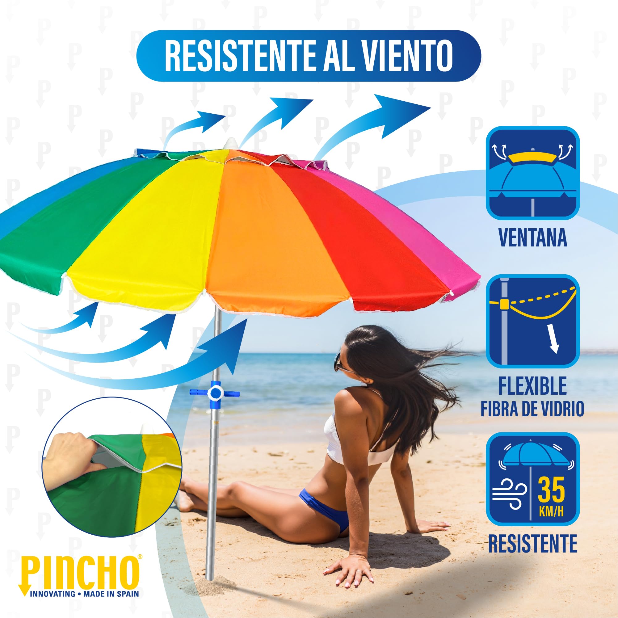 Pincho Sombrilla Playa Grande 200cm, Antiviento hasta 35km/h, Protección UV50+, Inclinable, 16 varillas fibra vidrio, Tubo Aluminio 28/32mm, ligera 2kg, Sombrilla Playa Plegable, Parasol Playa