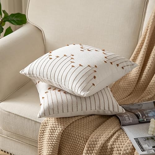 Miniatura 4 de Caflife Juego de 2 fundas de almohada bohemias de 18 x 18 pulgadas, fundas decorativas para cama, fundas de almohada neutras beige con líneas