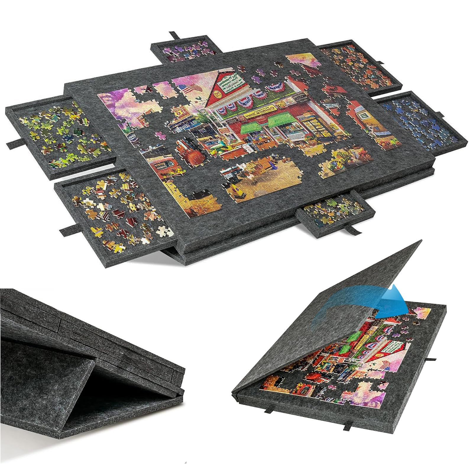 Tavolo per Puzzle Inclinabile con 6 Cassetti e Copertura - Tavola Leggera in Feltro per Fino a 1000 Pezzi - Con Supporto 2-in-1 e Maniglia da Trasporto - Ideale per Adulti e Appassionati di Puzzle