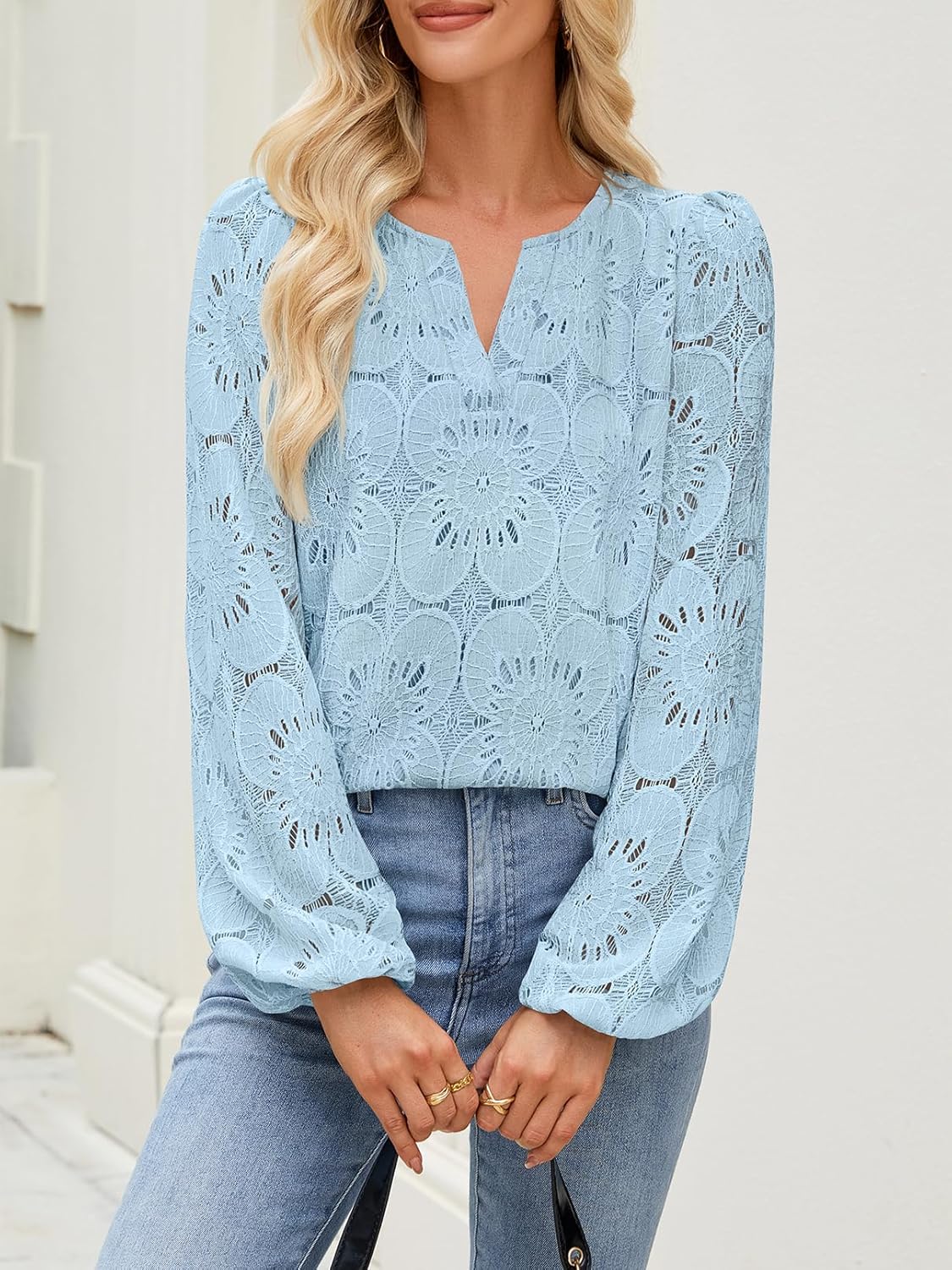 MEROKEETY Women's Eyelet Long Sleeve Shirts Tops Dressy Casual Fall Trendy Flower Lace Boho Crochet Blouses - Image 3