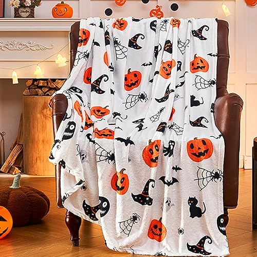 inhand Manta de Halloween con estampado de tela de araña decorada en blanco, manta de felpa súper suave para sofá, cama, sofá y silla y acogedora