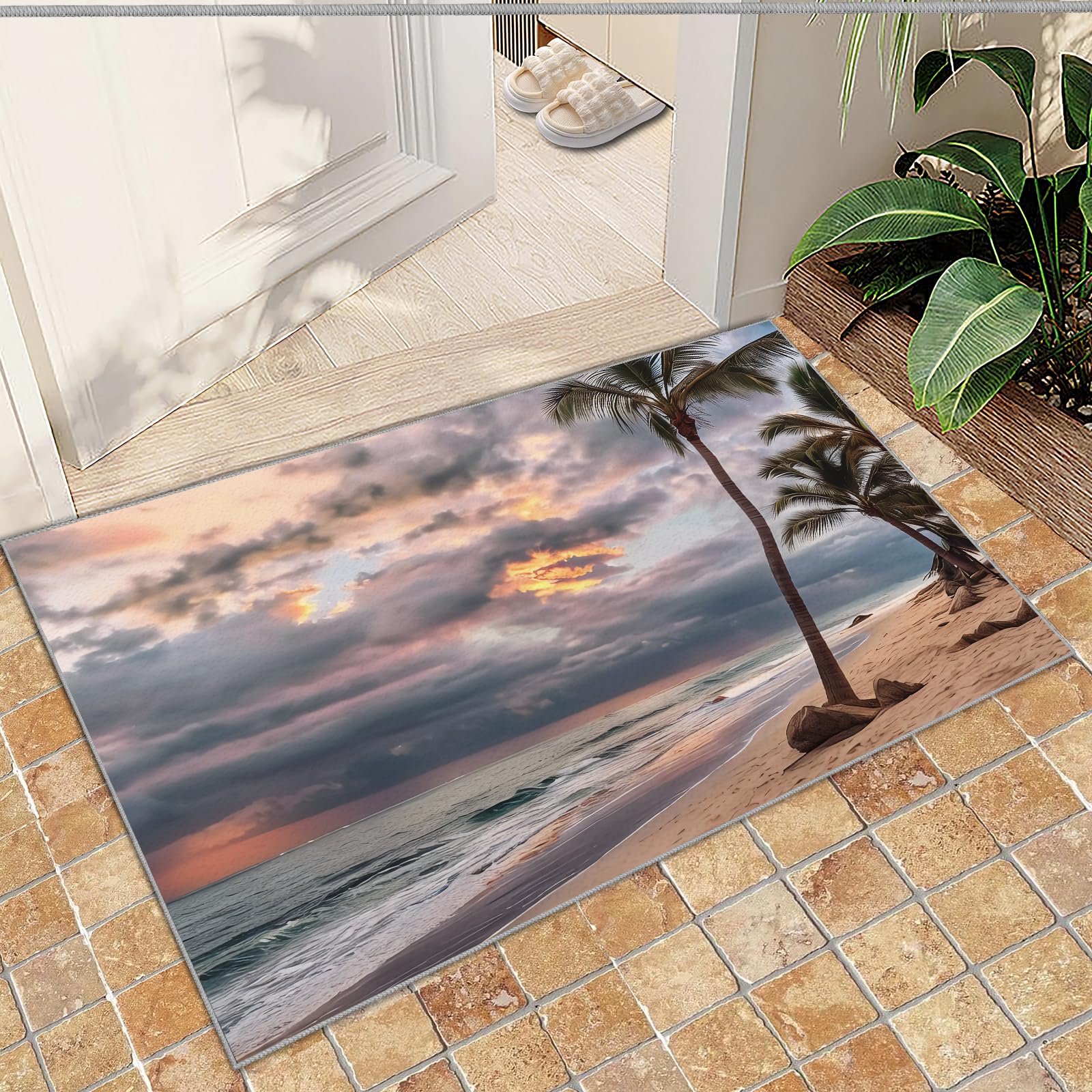 QDJKBL Hawaii Seaside Beach Coconut Trees, Entrance Rug 60 X 90 Cm Sky Dark Clouds Tides Natural Scenery Doormats, Floor Mats Water Proof for Entrance Door