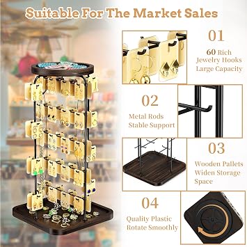 Rotating Earring Display for Vendors, Earrings Holder Organizer for Selling, Necklace Storage Stand, Metal Jewelry Tree with Wooden Tray for Hoops, Keychains, Rings, Bracelets (Brown)