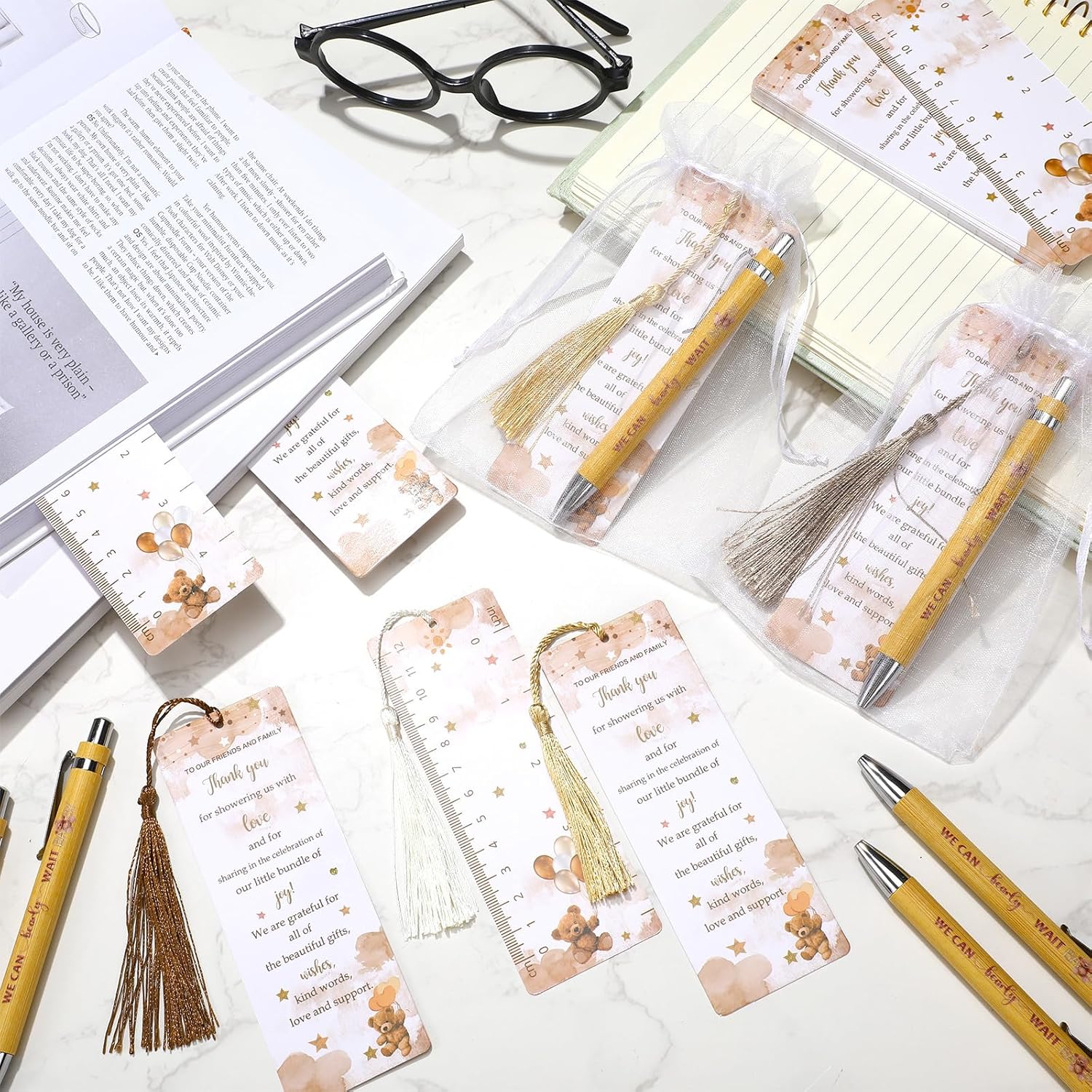 Gilprop 50 Sets Brown Bear Baby Shower Favors for Guests We Can Barely Wait Includes 50 Baby Shower Ballpoint Pens 50 Thank You Bookmarks 50 Organza Bags for Gender Reveal Gifts Guest Prizes