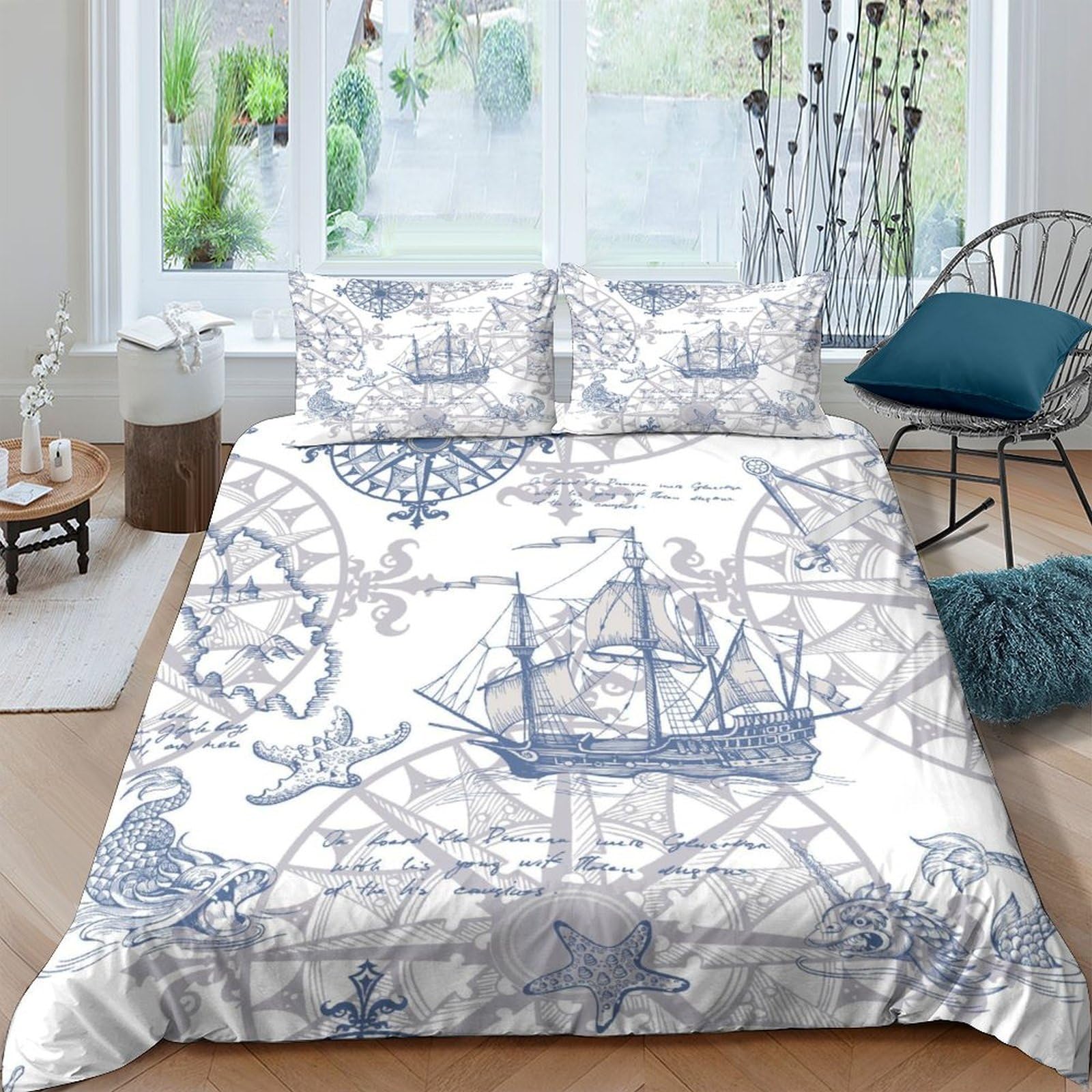 Ctjqhvkz Style-1 3D Printed Nautical Map Fitted Sheet Microfiber Soft Blue Sailing Ship Bed Cover For Bedroom Home Decor Single（135X200cm）