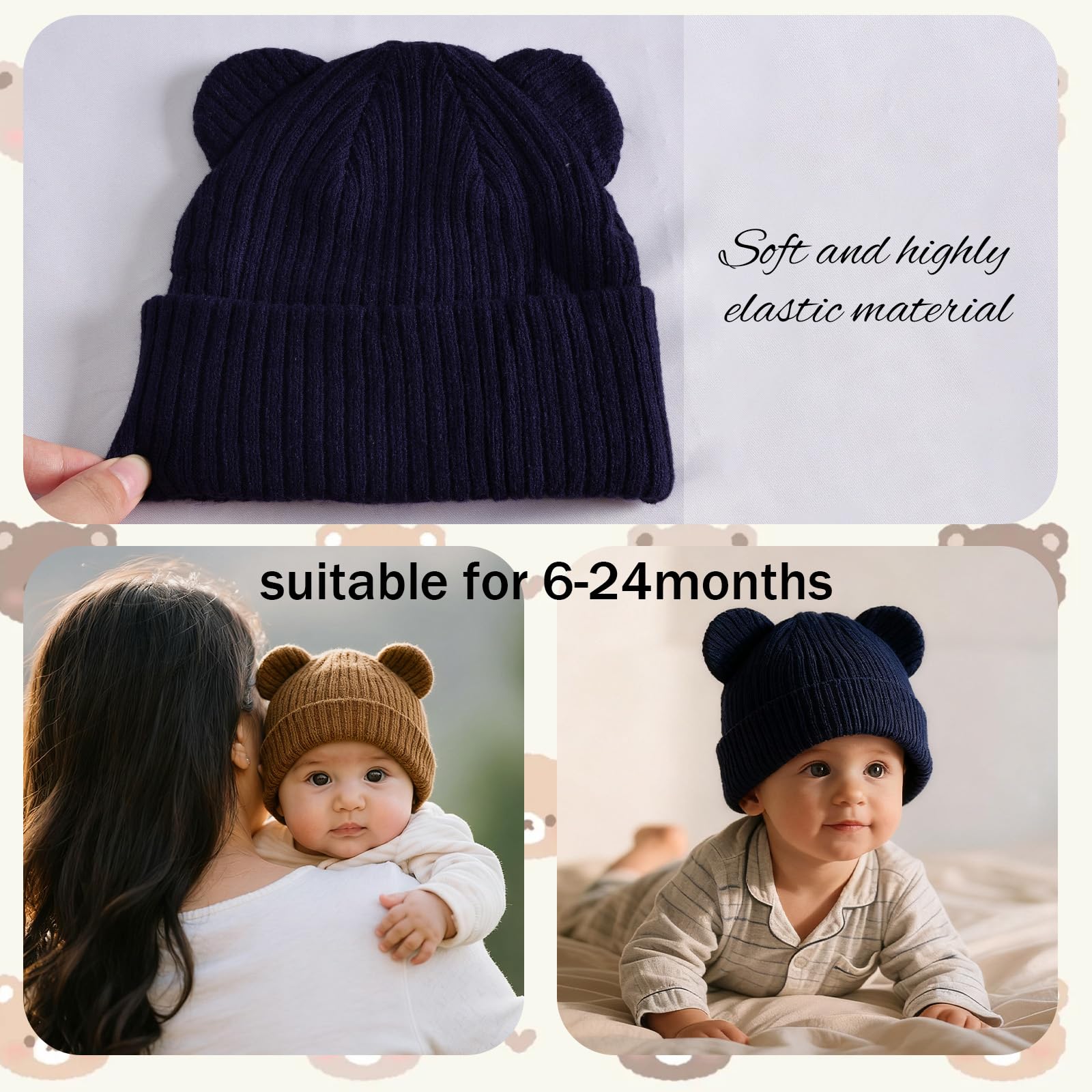 3 Pcs Baby Hats Infant Bear Ear Beanie Hats Newborn Knitted Hats for Boys and Girls for 6-24 Months