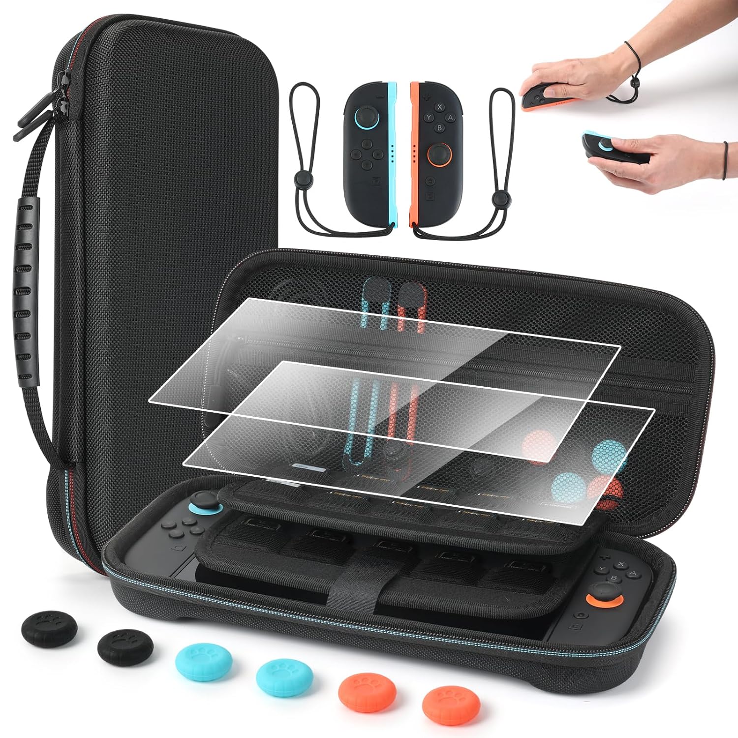 Jekarsy 4-in-1 Kit for Switch 2,Protective Eva Carrying Case with 20 Card Slots,Shock-Absorption and Anti-Scratch,2Pcs Tempered Glass Screen Protcerors,2Pcs Twrist Straps for JoyCon 2,6Pcs Thumb Grip Caps