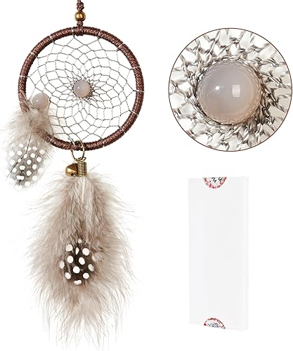 Mini atrapasueños  Pluma de pollo con ágata gris, pequeño atrapasueños hecho a mano para dormitorio, un atrapasueños para niñas, atrapasueños para