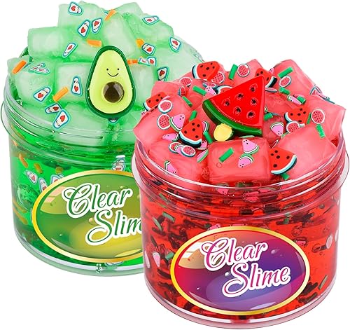 Paquete de 2 slime transparente con cubos de gelatina, juego de limo de cristal verde aguacate rojo sandía, limo transparente crujiente para niños,