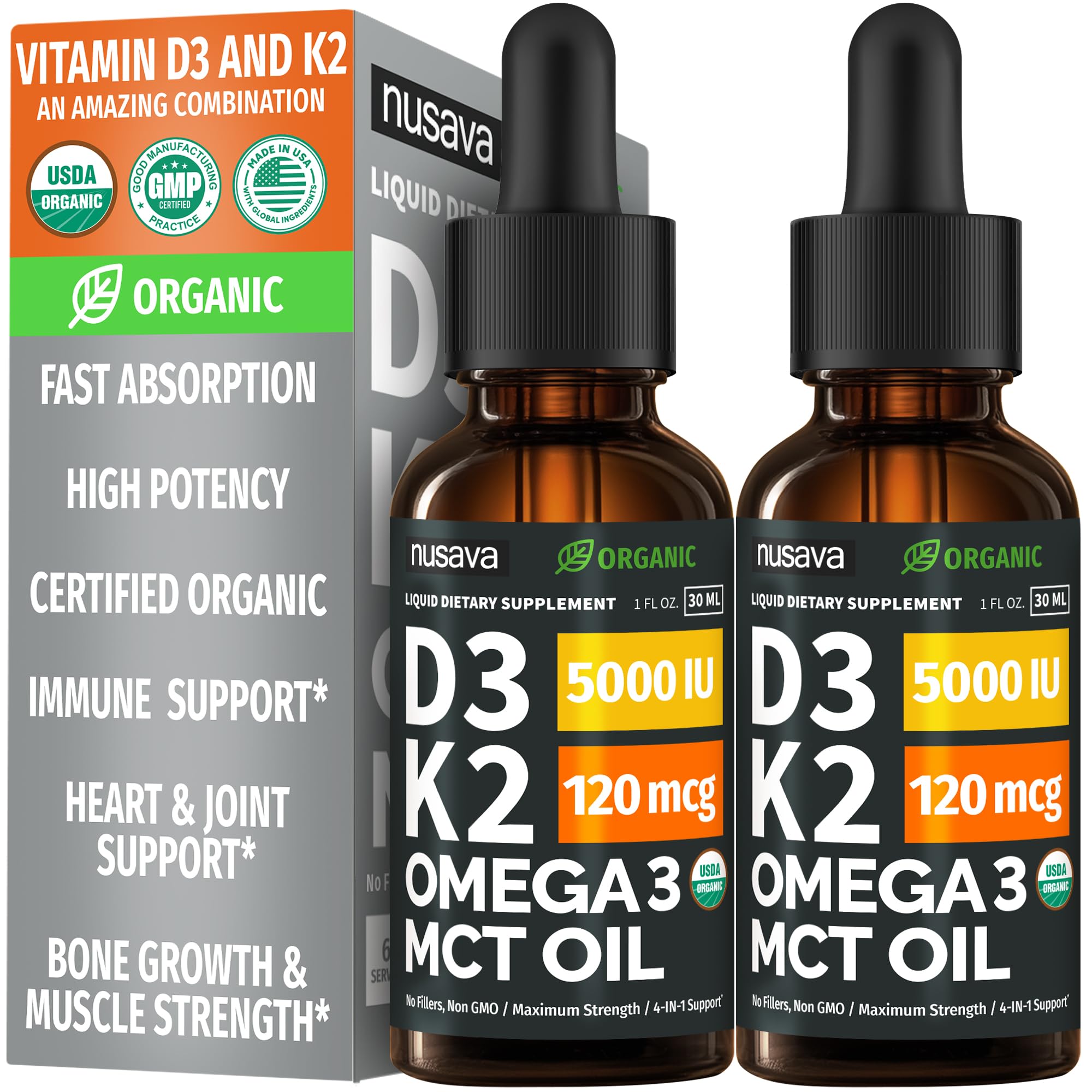 (2 Pack) Organic Vitamin D3 K2 Drops with MCT Oil Omega 3, 5000 IU, Maximum Strength Vitamin D Liquid, No Fillers, Non-GMO Liquid D3 for Faster Absorption and Immune Support (Unflavored, 2 Fl Oz)