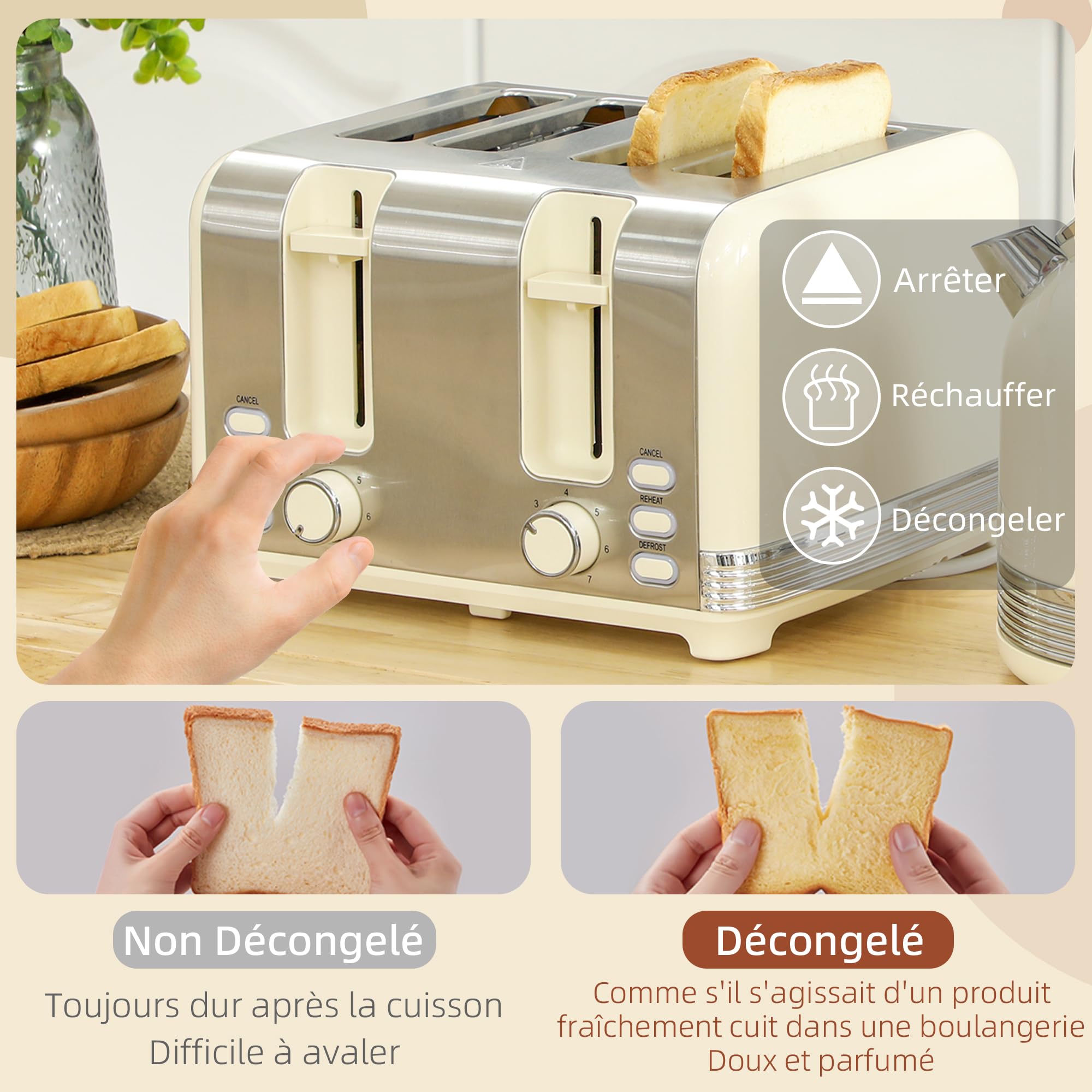 HOMCOM Ensemble bouilloire et grille-pain 2200 W, bouilloire inox 1,7 L, grille-pain 4 tranches, 7 niveaux brunissage, crème