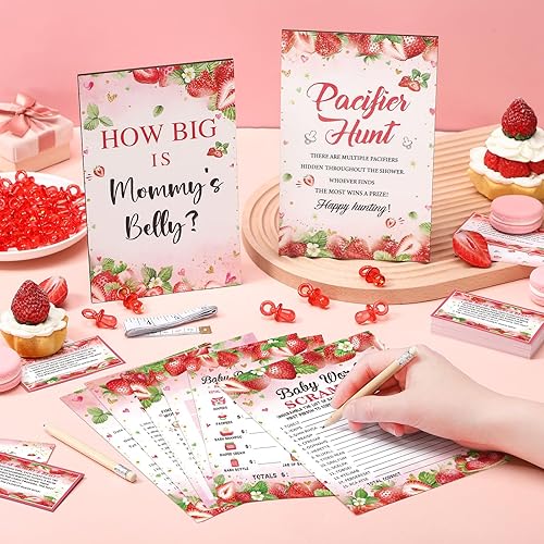 Miniatura 2 de Sherr 424 piezas de suministros para juegos de baby shower de fresa, 6 juegos de 300 tarjetas de actividades, 1 señal de búsqueda de chupete, 50